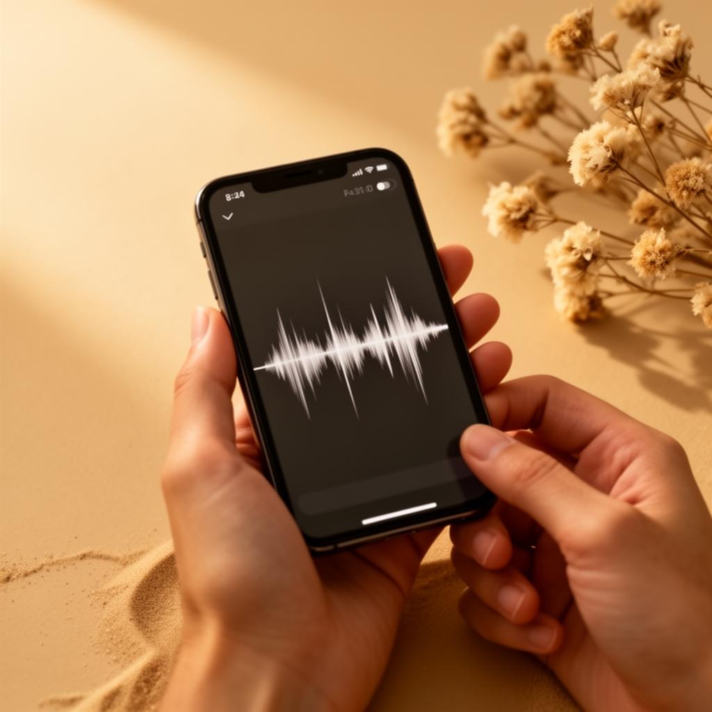 Hände halten ein Smartphone mit Audiowellenform